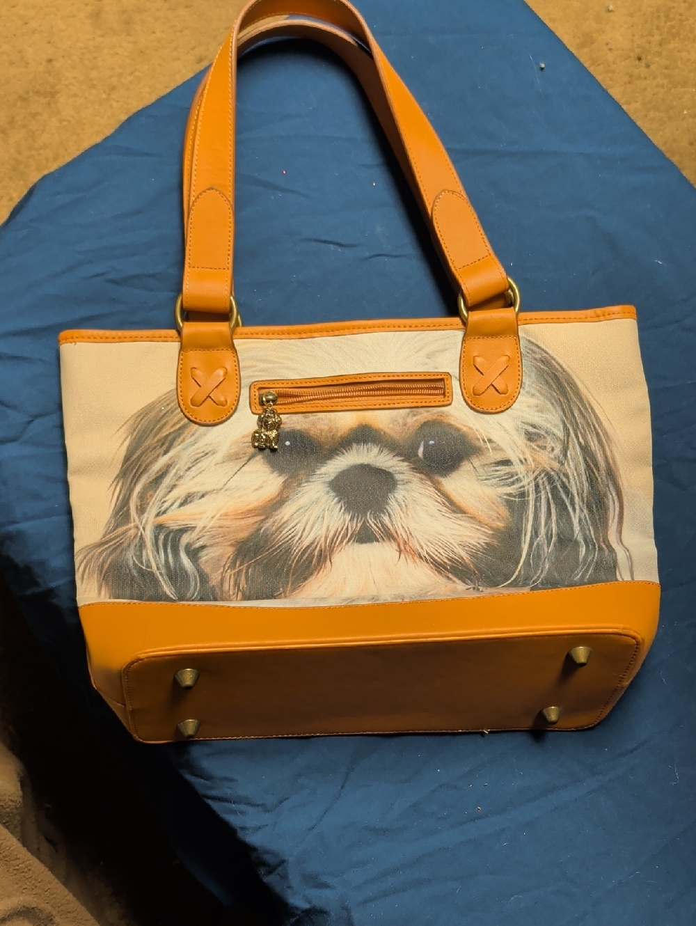 Canvas Shoulder Bag with Dog Face Print in Tan